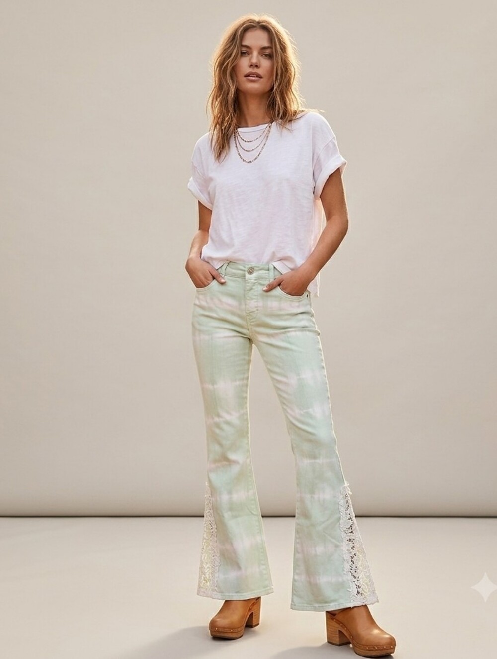 NWT GEMMA & JANE BOHO MID RISE CROCHET TIE DYE BELL BOTTON RETRO PASTEL JEANS 10